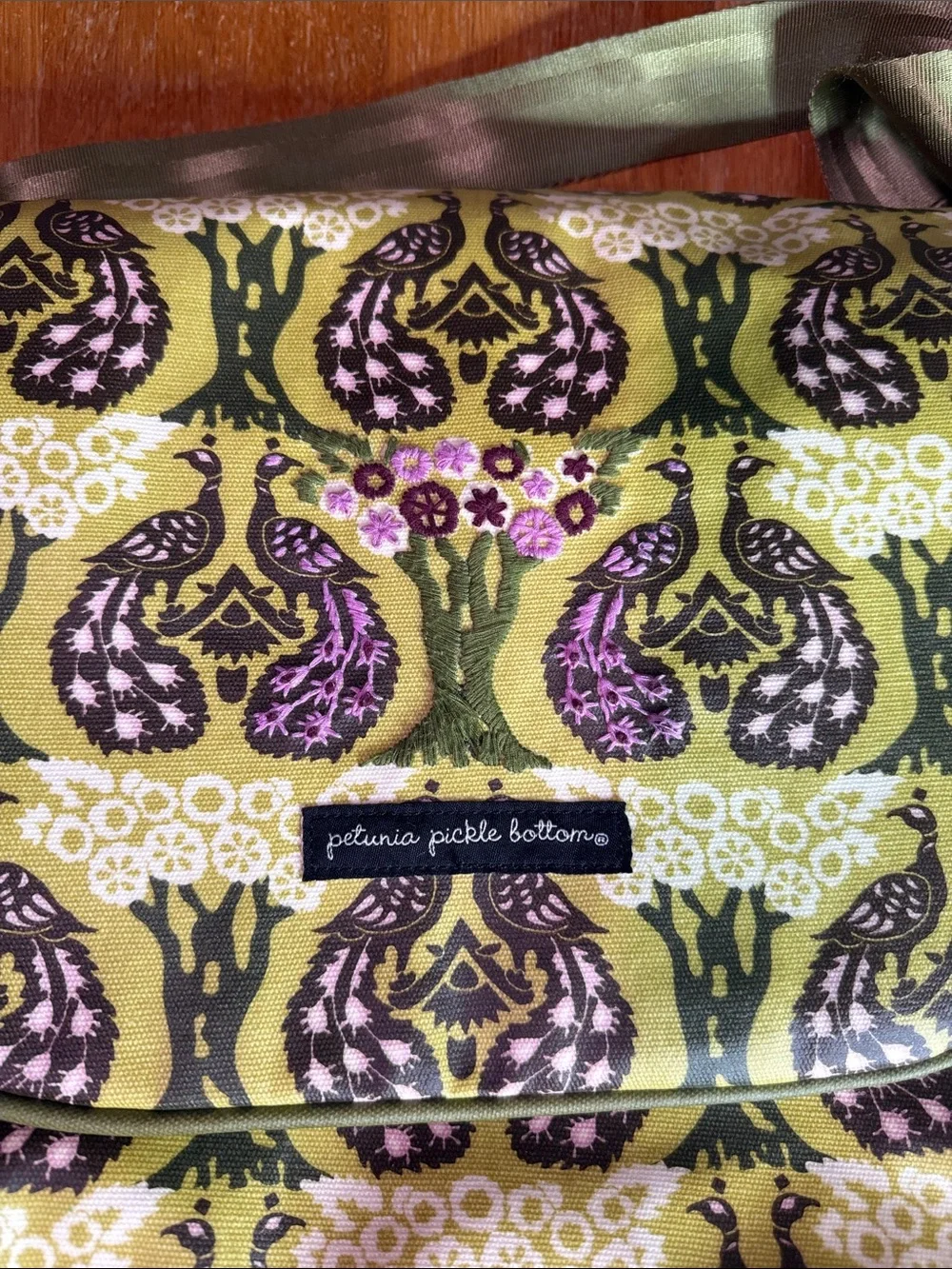 Petunia Pickle Bottom Olive Green Printed Messenger Bag with Pink Accents